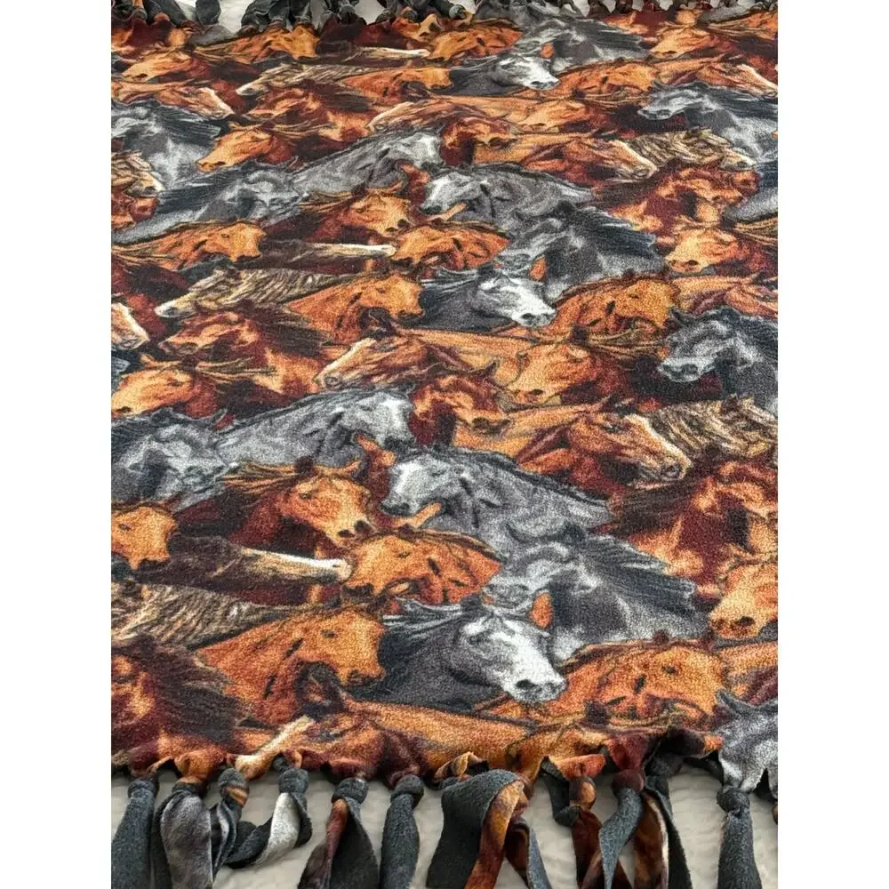 Horse Fleece Tie Fringe Throw Blanket Handmade Western Equestrian Ranch 50x60